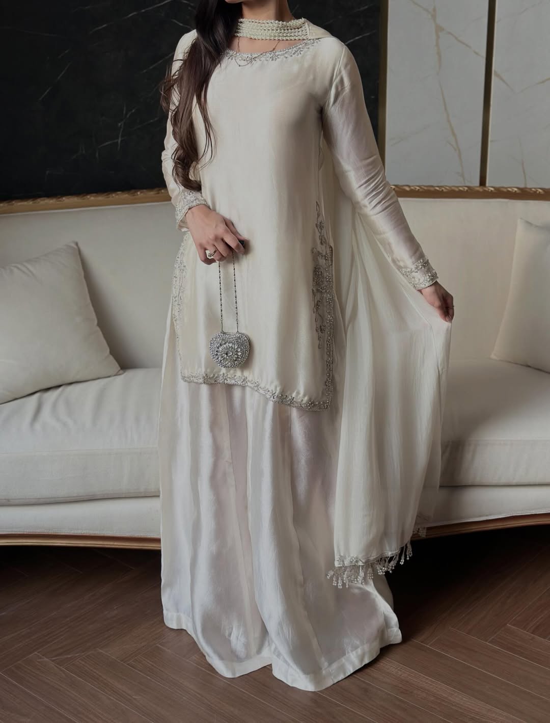 Luxurious Hand-Embroidered Sheesha Silk Fabric 3-Piece Suit
