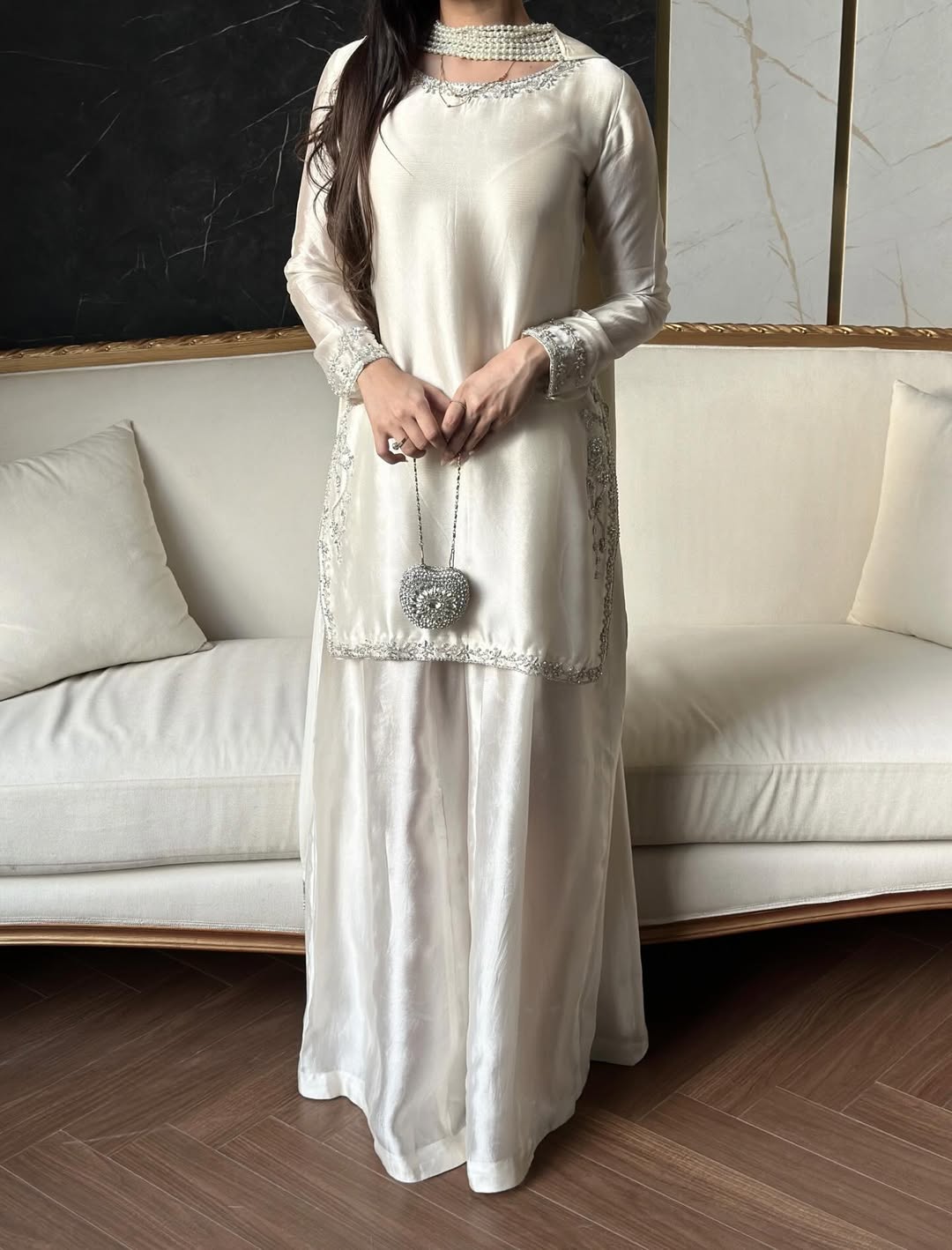 Luxurious Hand-Embroidered Sheesha Silk Fabric 3-Piece Suit