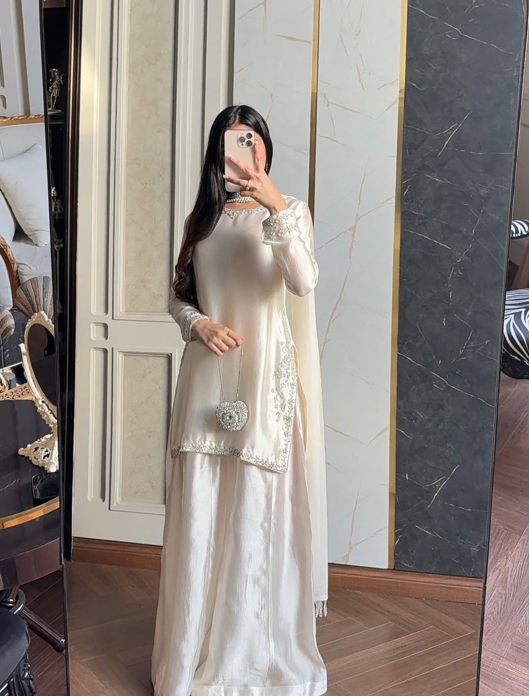 Luxurious Hand-Embroidered Sheesha Silk Fabric 3-Piece Suit